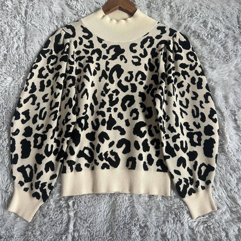 525 Sweater Womens Medium‎ Leopard Print Mock Neck Balloon Sleeve Indie Granola